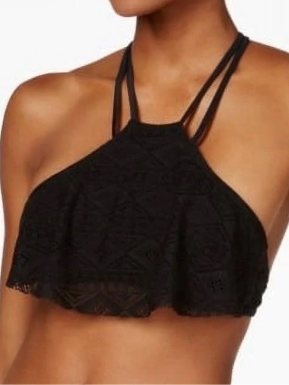 New Hula Honey Women’s Black High-Neck Crochet Flounce Bikini Swim Top Large NWT